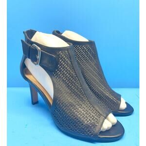 Audrey Brooke Black Perforated Leather Heels Booties Tie Cut Out Candy 7.5 M